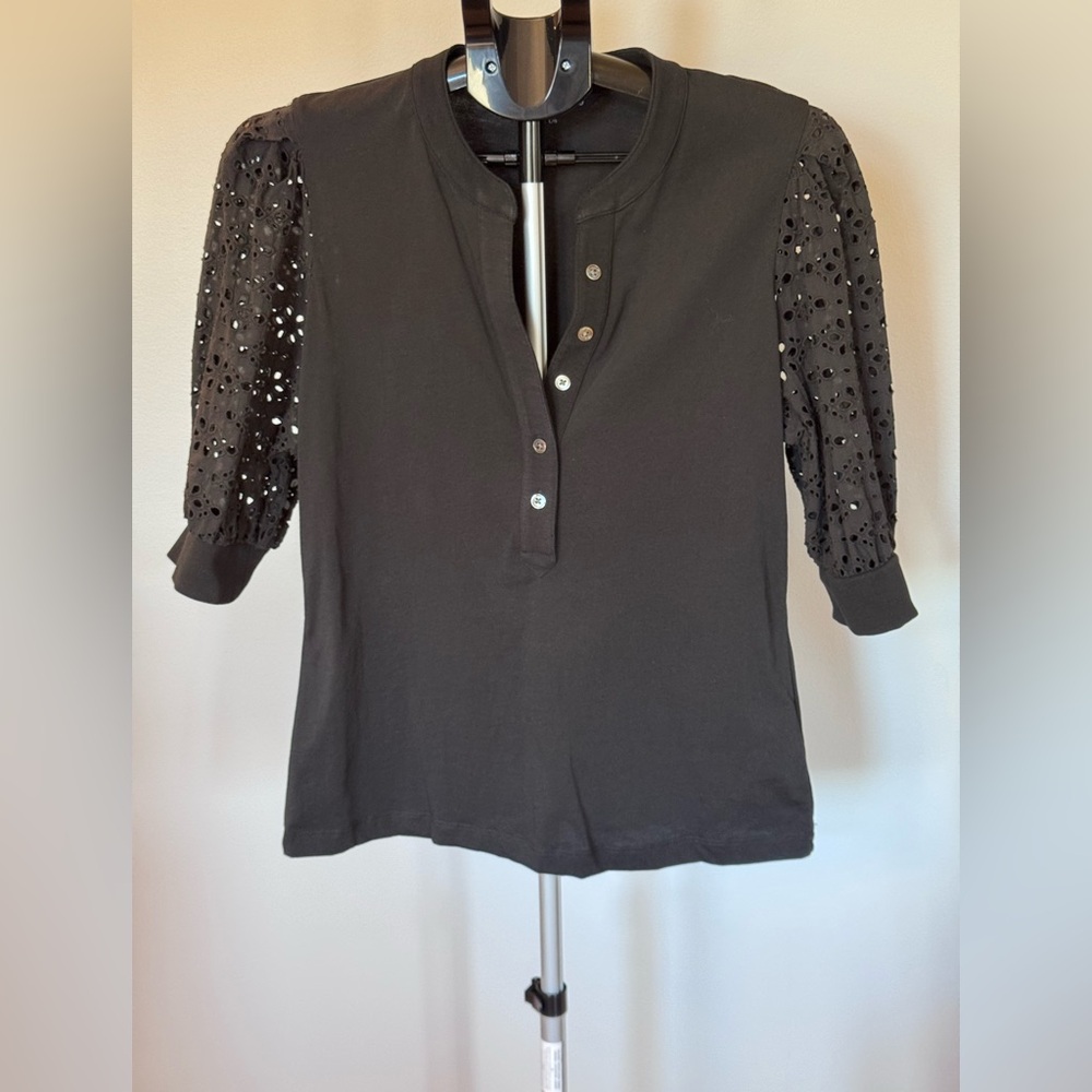 Veronica Beard Black Coralee Eyelet Puff Sleeve Top Size L - Picture 3 of 6
